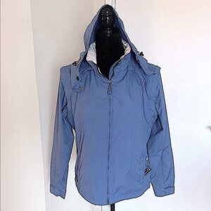 Storm Pack hooded (removable) Blue & Creme Short Rain Jacket/Coat Size Small